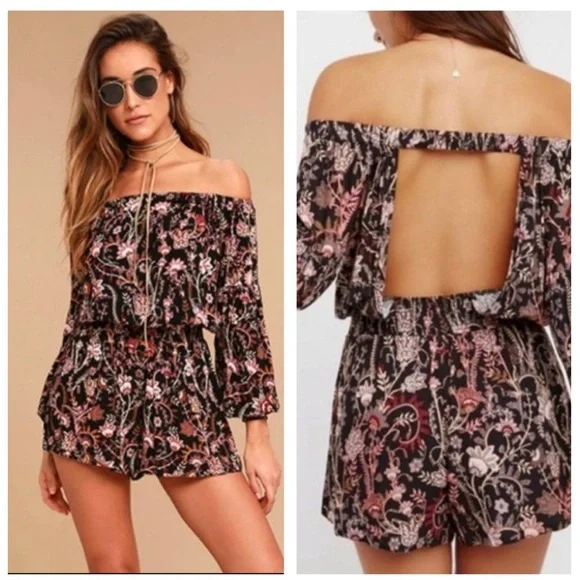 Free People Pretty & Free Black Floral Print Romper Boho Cut Out Back Size Small - Picture 1 of 12